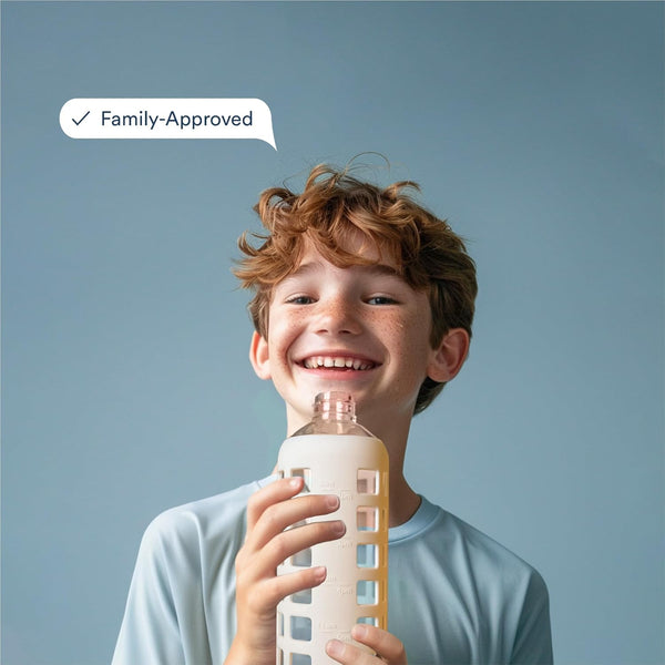 Purifyou 40/32/22/12 Oz Borosilicate Glass Water Bottles with Volume Markers, Silicone Sleeve, Stainless Steel Lid, Reusable Bottle for Water,