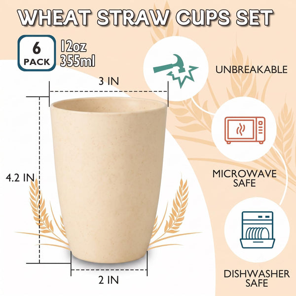 Wrova Wheat Straw Cups 6 PCS Good Alternative to Plastic Reusable Cups 12 oz Unbreakable Drinking Cup Reusable Dishwasher Safe Water Plastic