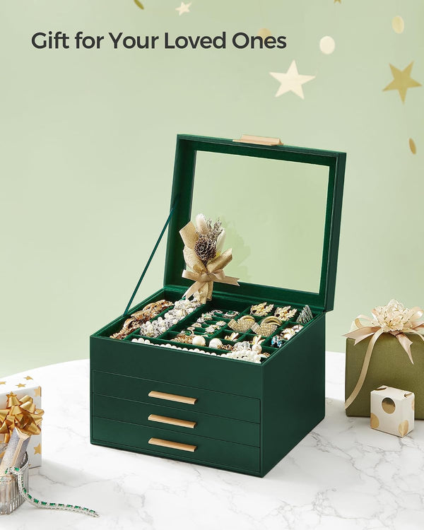 SONGMICS GISELLA Collection - Jewelry Box Organizer with Glass Lid, 4-Layer Jewelry Storage, with 3 Drawers, Modern Style, 8 x 9.1 x 6.5 Inches,