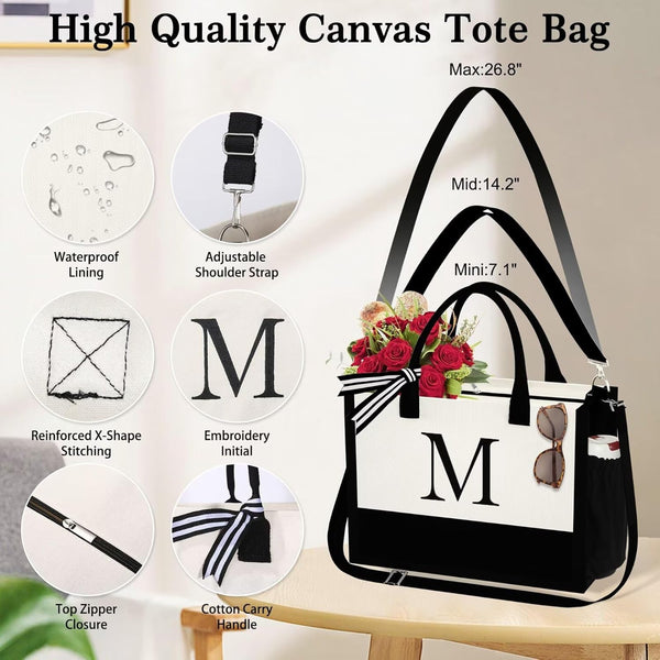 YOOLIFE Initial Canvas Tote Bag & Makeup Bag, Birthday Gifts for Women Mom Sister Friends, Bridesmaid Wedding Gifts
