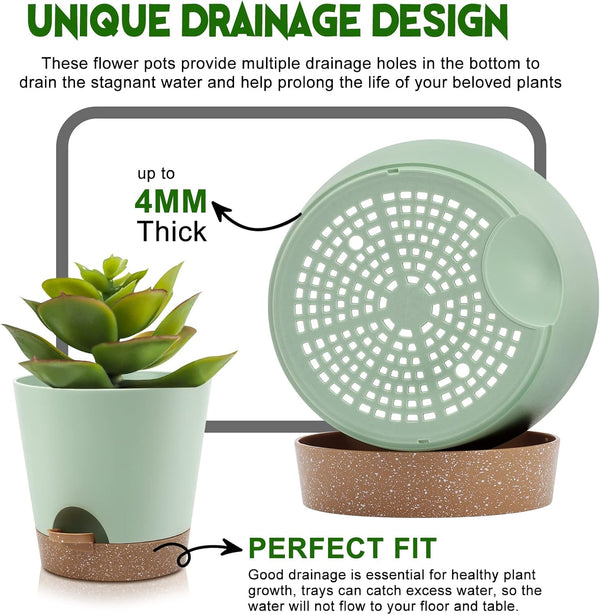 YNNICO Indoor Self Watering Planters with Drainage Holes and Saucers, 9,8, 7.5 Inches, Green, 3 Pots (Springgreen) 9+8+7.5 inch Springgreen