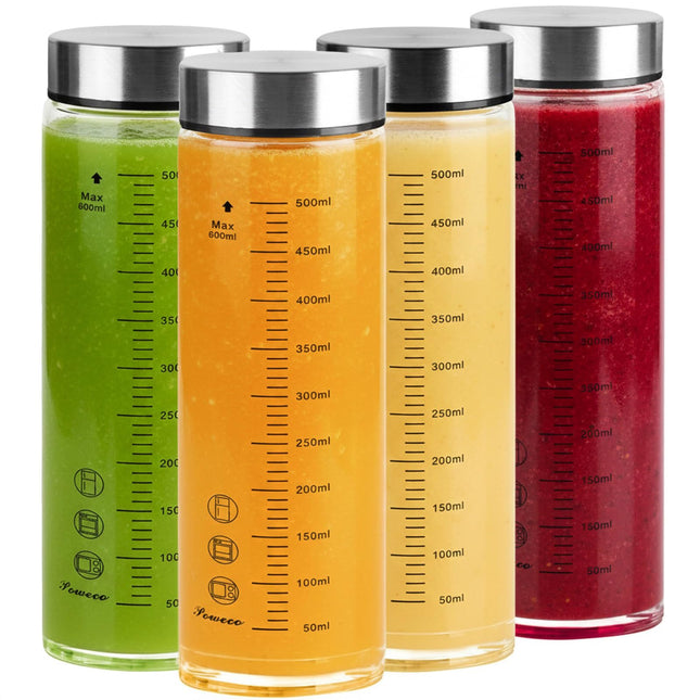 Glass Juice Bottles 4 Pack 20 Oz - Wide Mouth Glass Water Bottles with Lids - fo