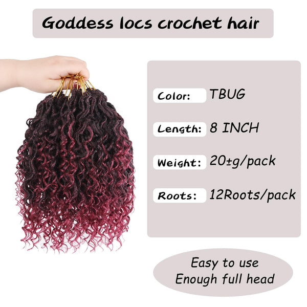 Vemet Goddess Locs Crochet Hair, 8 Inch 9 Packs Faux Locs Synthetic Crochet Hair, Boho Style Pre looped crochet with Curly Ends 8 Inch(Pack of 9) TBUG