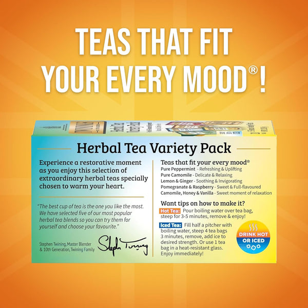 Twinings Herbal Tea Variety Pack, 20 Count (Pack of 1), Formerly Assorted Herbal, Includes 5 Flavours, Naturally Caffeine-Free, Enjoy Hot or Iced,