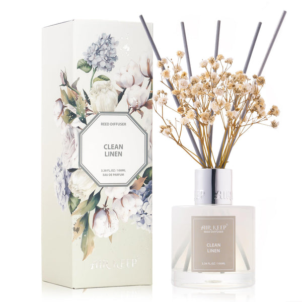Airkeep Reed Diffuser Set,3.38 Fl Oz (100 Ml) - Clean Linen Oil Diffusers with 8 Reed Sticks,Home Fragrance Reed Diffuser for Bathroom Shelf Decor