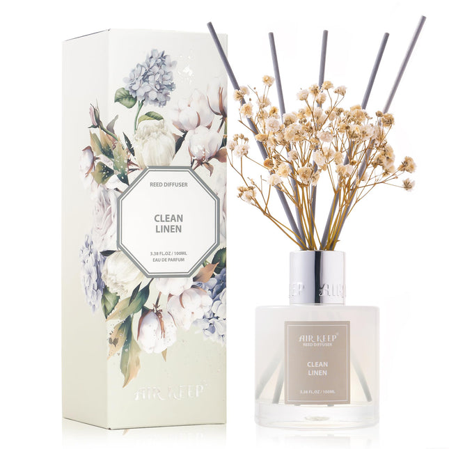 Airkeep Reed Diffuser Set,3.38 Fl Oz (100 Ml) - Clean Linen Oil Diffusers with 8 Reed Sticks,Home Fragrance Reed Diffuse