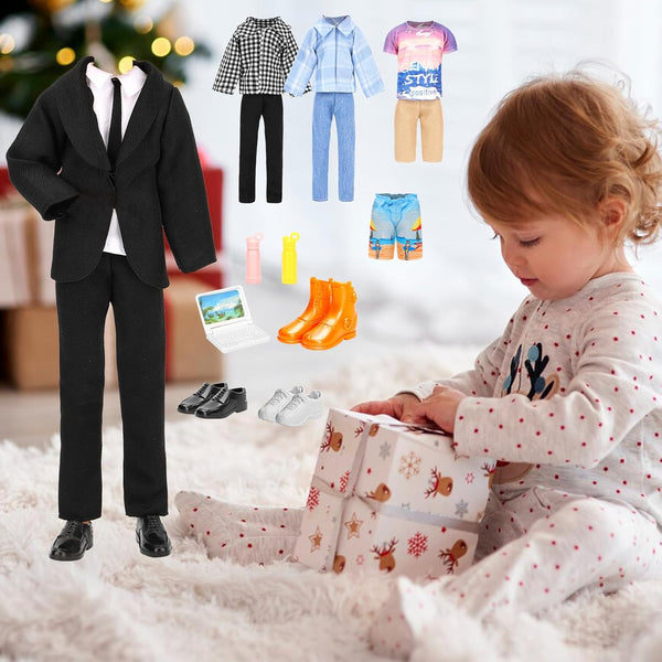 Lot 16 PCS Doll Clothes & Accessories Classic Black Suit for Boy Doll | Include Random 4 PCS Casual Wear + 5 PCS Dolls Pants + 3 Pairs of Shoes