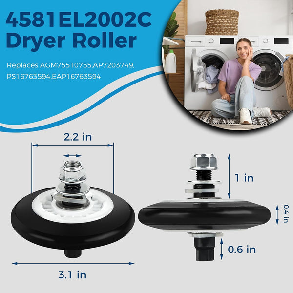 Romalon Dryer Repair Roller kit for Kenmore LG 4581EL2002C Roller Assembly 4561EL3002A Idler Pulley Assembly and 4400EL2001A (4400EL2001F) Dryer Belt