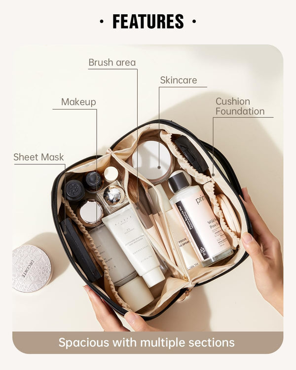 EACHY Travel Makeup Bag, Large Capacity Cosmetic Bag for Women, Waterproof PU Leather, Flat Open Portable Toiletry Bag for Skincare, Brushes &