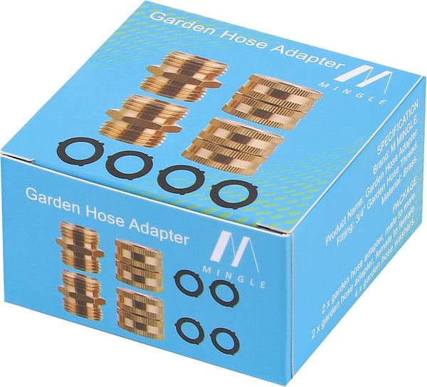 M MINGLE Garden Hose Adapter, Male to Male, Female to Female, 3/4 Inch Brass Connector, 4-Pack with Extra 4 Washers