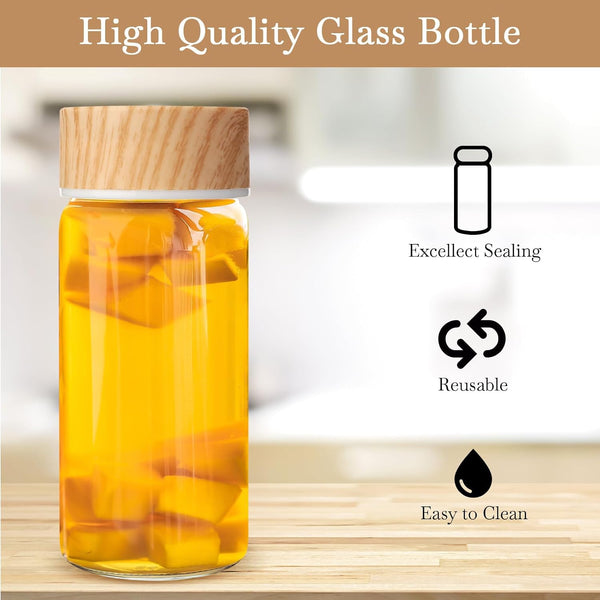 Nuogo 6 Pack Glass Bottles with Lids 12 Oz Juicing Bottles Reusable Wide Mouth Glass Cups Airtight Leak Proof Drinking Milk Water Tea Cups for