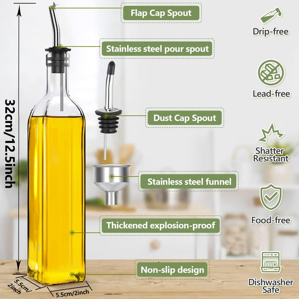 Leaflai 17oz Olive Oil Dispenser Bottle, 500ml Oil & Vinegar Cruet with 2 Stainless Steel Pourers, 2 Labels,1 Brush and 1 Funnel for Kitchen Olive