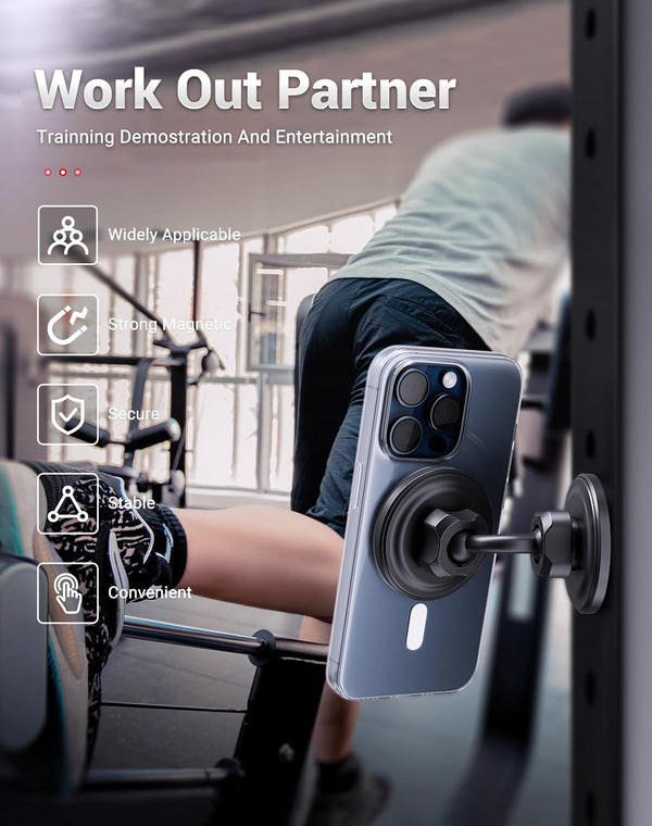 Gym Magnetic Phone Holder for Magsafe, Dual Magnetic Phone Mount Gym Phone Holder Magnet with Double Ball Head Locking Angle Compatible with