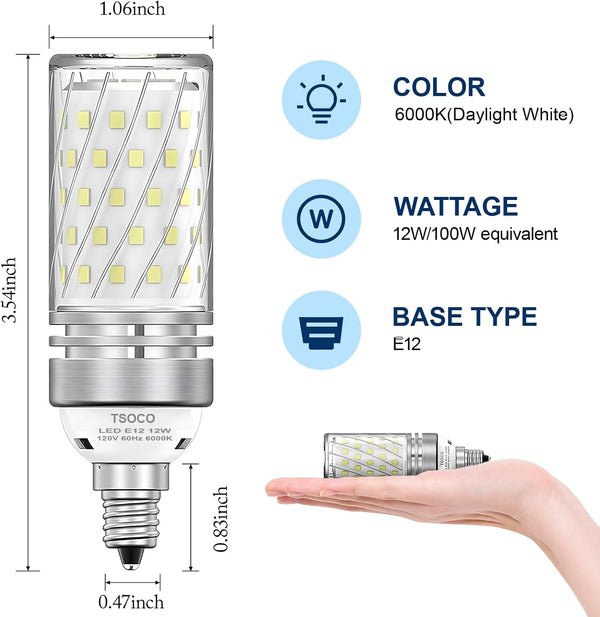 E12 LED Bulbs, 12W Chandelier Light Bulbs 6000K Daylight White, 1200LM 100W Equivalent Non-Dimmable, PC Aluminum Shell, 3 Pack Daylight-12w