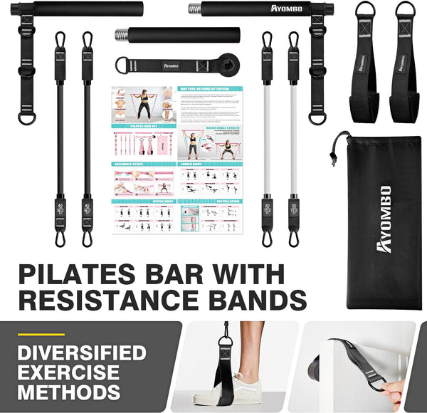 Pilates Bar Kit with Resistance Bands, Workout Equipment for Legs, Hip, Waist, Arm, Squats Exercise Equipment for Home Workouts, Adjustable