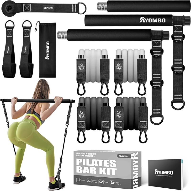 Pilates Bar Kit with Resistance Bands, Workout Equipment for Legs, Hip, Waist, Arm, Squats Exercise Equipment for Home Workouts, Adjustable