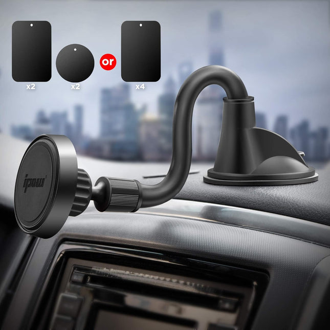 IPOW Long Arm Universal Magnetic Cradle Windshield Dashboard Cell Phone Mount Holder with 4 Metal Plates, Soft Firm Goos