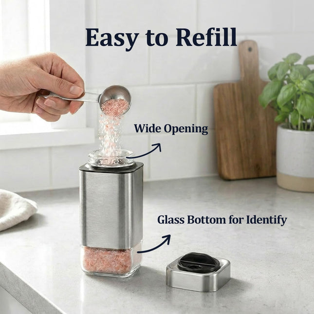 Salt and Pepper Shakers by Aelga, Glass Salt Shaker Set with Adjustable Pour Holes, Ideal for Black Pepper, Kosher and H