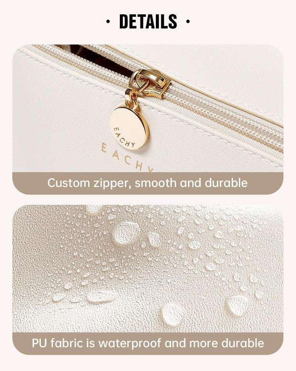 EACHY Travel Makeup Bag, Large Capacity Cosmetic Bag for Women, Waterproof PU Leather, Flat Open Portable Toiletry Bag for Skincare, Brushes &
