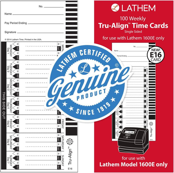 Lathem Trualign E16 Time Cards for 1600E, Weekly, 1-Sided, 4" X 9", White, Box of 100, (E16-100)