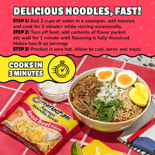 Maruchan Ramen Noodle Soup, Roast Beef Flavor – Japanese-Style Instant Noodles, Quick & Easy Meal for Kids, Students and Busy Families – 3 Oz. (24