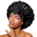 BONNET QUEEN Double Layer Silk Bonnet for Sleeping for Women Satin Lined Bonnet Night Cap for Curly Hair with Tie Band,Black Medium Black