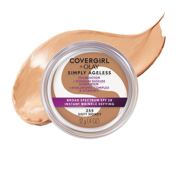COVERGIRL Simply Ageless Instant Wrinkle Defying Foundation, SPF 28, Hyaluronic Complex & Vitamin C - 255 Soft Honey, Pack of 1 255 Soft Honey 0.4