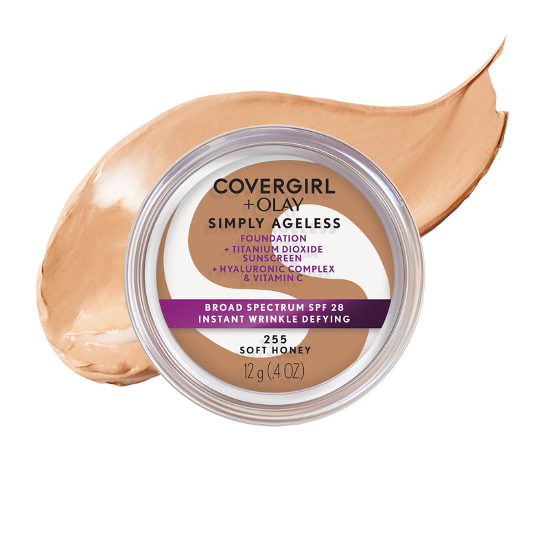 COVERGIRL Simply Ageless Instant Wrinkle Defying Foundation, SPF 28, Hyaluronic Complex & Vitamin C - 255 Soft Honey, Pack of 1 255 Soft Honey 0.4