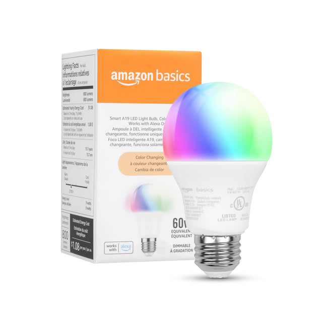 Amazon Basics Smart A19 LED Light Bulb, Color Changing, 9W (60W Equivalent), 800LM, Works with Alexa Only, 2.4 Ghz Wi-Fi