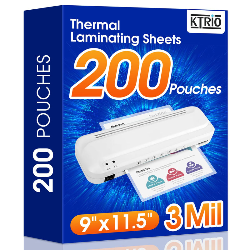 KTRIO Laminating Sheets, Hold 8.5 X 11 Inches Sheets, 200 Pack, 3 Mil Clear Thermal Laminate Pouches for Laminator, 9 X 11.5 Inch Lamination Paper