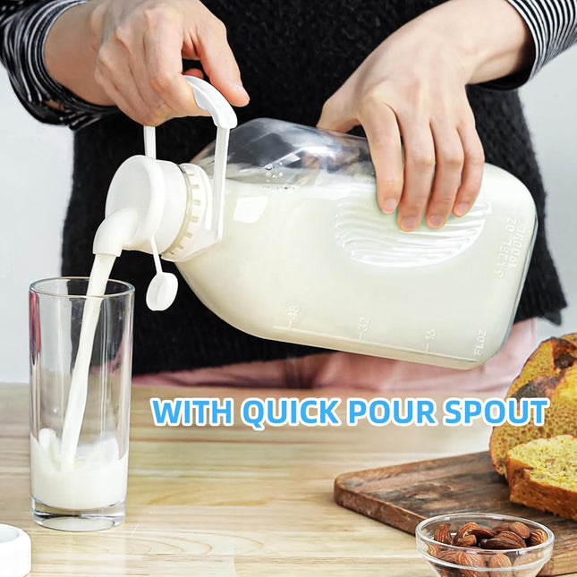 Syntic 4 Pack 2 Qt Glass Milk Bottles with Handle and Airtight Reusable Screw Lids, 1/2 Gal Glass Water & Juice Bottles,