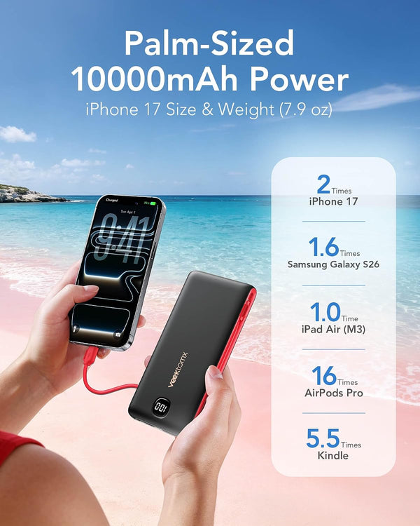 VEEKTOMX Portable Charger with Built in Cables 10000Mah, Power Bank for Iphone with AC Wall Plug, Fast Charging USB C Slim Battery Pack with LED