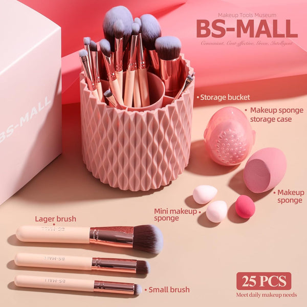 BS-MALL Makeup Brushes Premium Synthetic Foundation Powder Concealers Eye Shadows 18 Pcs Brush Set with 5 Sponge & Holder Sponge Case (A-Pink)