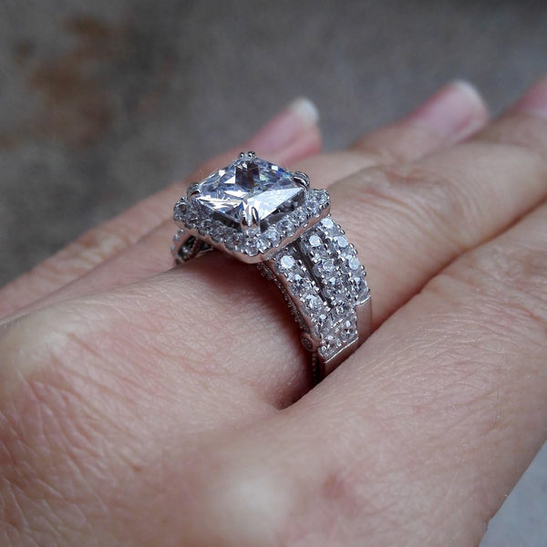 Wuziwen Wedding Ring Sets Princess Cut Engagement Rings for Women Sterling Silver Cubic Zirconia Moissanite Women's Bridal Ring Band Set