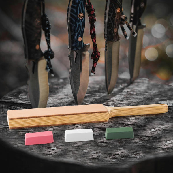 Angerstone Oversize Double Sided Leather Strop Kit(3" Knife Stropping Leather）with Ergonomic Handle - Knife Strop for Sharpening Knives, Wood