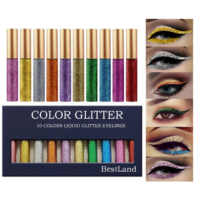 BestLand 10 Colors Liquid Glitter Eyeliner Metallic Shimmer Glitter Eyeshadow Pigment Eyebrown Shimmer Waterproof Face Lips Art for Party Festival