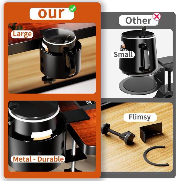 OOKUU Anti-Spill Large Desk Cup Holder Clamp, Metal Table Cup Holder(Black) Black 3.95 inch 1