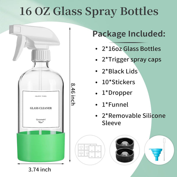 GIVAMEIHF 2 Pack Glass Spray Bottles with Silicone Sleeve,16oz Clear Glass Spray Bottles Refillable Empty Bottle with Adjustable Nozzle,Spray
