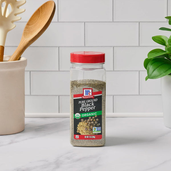 McCormick Black Pepper, Pure Ground, Organic, Non GMO, Enjoy Distinctive Pepper Flavor While Cooking & Tableside, 12 oz 12 Ounce (Pack of 1)