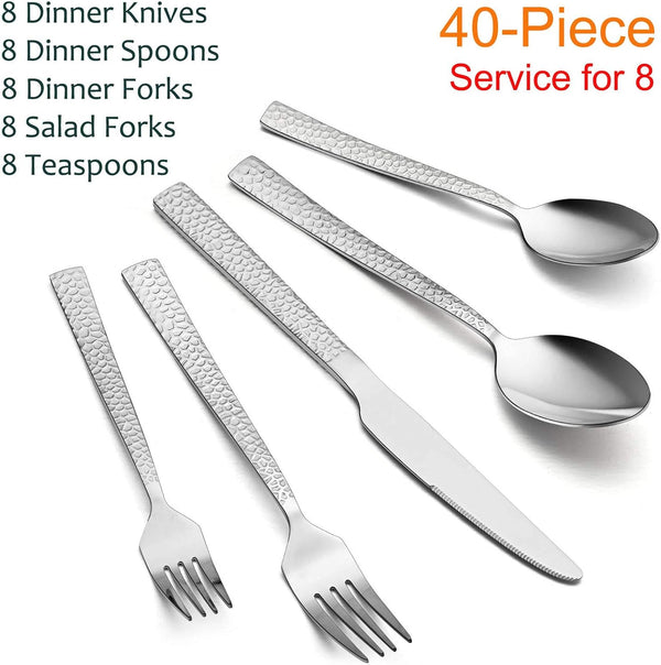 E-far Hammered Silverware Set for 8, 40 Pcs Stainless Steel Flatware Set | Includes Forks/Spoons/Dinner Knives, Cutlery Set for Home, Party,