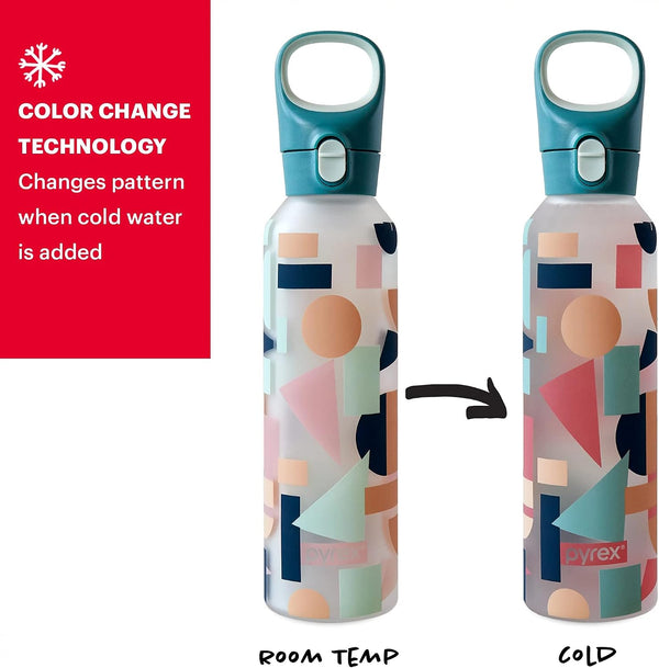 Pyrex 17.5-Oz Color Changing Glass Water Bottle with Silicone Coating, Leakproof and Textured Glass Reusable Water Bottle, Eco-Friendly, BPA-Free