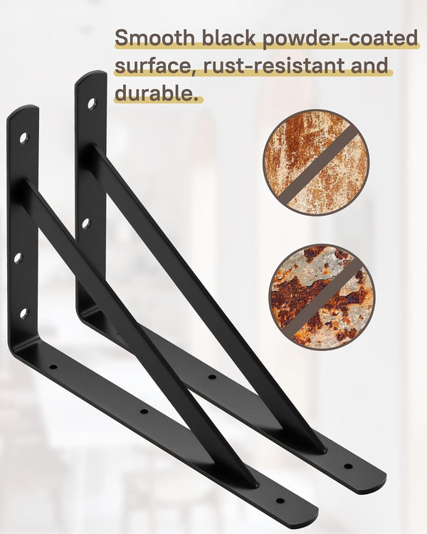 HOME MASTER HARDWARE 12 Inch X 8 Inch Heavy Duty Shelf Brackets, Load Capacity: 600Lb, Black Metal 90 Degree Supports for Shelves 10-Pack, Wall