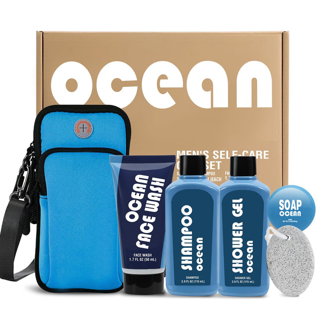 Mens Gifts for Body Wash, Self Care 6 Pcs Bath Gift for Men with Phone Pouch, Face Wash Gift Sets for Men, Birthday Gift