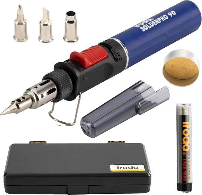 IRODA SOLDERPRO 90K Butane Soldering Iron Kit â 9 Piece Kit 3-In-1 Heat Tool (25â80W) Self-Igniting, Adjustable Flam