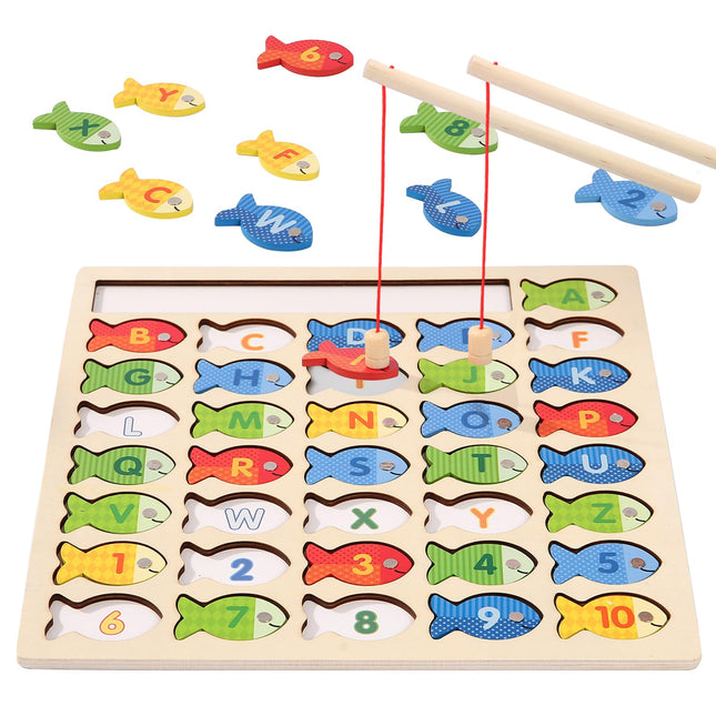 Wooden Magnetic Fishing Game for Toddlers, Montessori Fine Motor Skills Toy with Letters and Numbers, Preschool Learning
