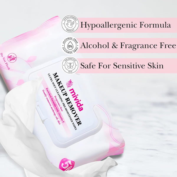 Mivida Hypoallergenic Makeup Remover Wipes | Daily Cleansing Facial Towelettes with Vitamin E for Sensitive Skin | 50 Count Fragrance-Free,