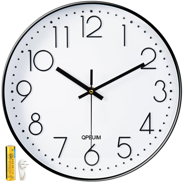 QPEUIM Wall Clock 12 Inch Wall Clocks Non-Ticking Battery Operated with Stereoscopic Dial Ultra-Quiet Movement Quartz for Office Classroom School