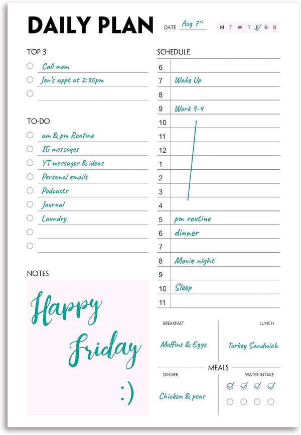 Daily Planner Notepad - A5 Calendar, Scheduler, Organizer with Priority, to Do List, Appointments, Notes, Meals and Water Intake Tracker, 50