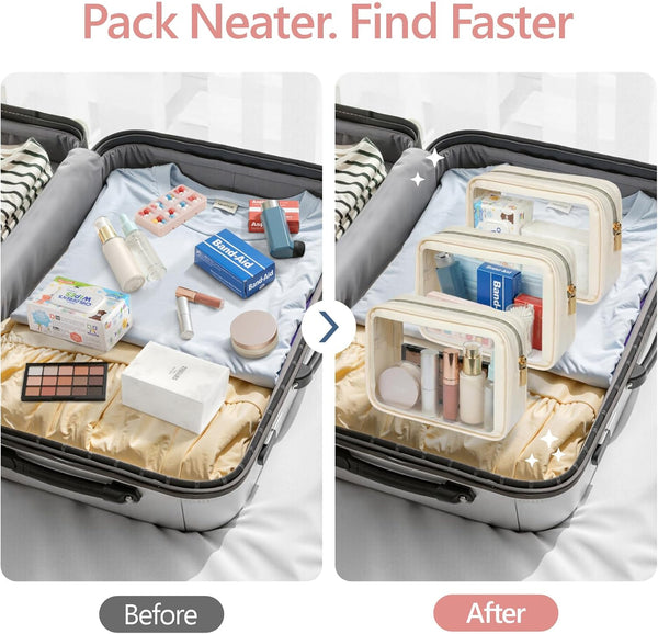 PACKISM Clear Makeup Bag - Soft Plastic Color-Edged TSA Approved Toiletry Bag, Reusable Clear Toiletry Bags with Golden Zipper, Beige