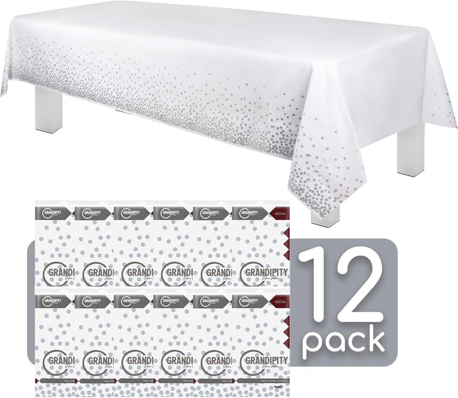 Grandipity Grey Dot on White 12 Pack Premium Disposable Plastic Tablecloth 54 Inch X 108 Inch. Decorative Rectangle Tabl